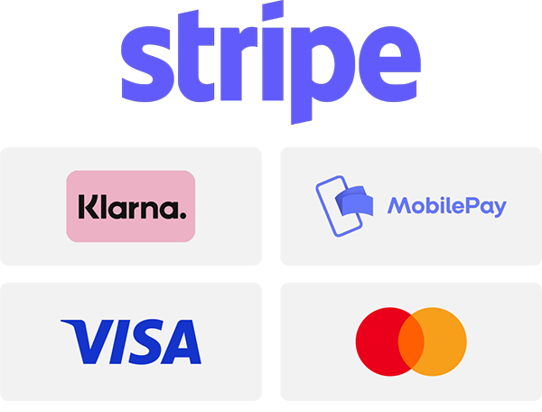 Maksutavat: Stripe, Klarna, MobilePay, Visa, Mastercard